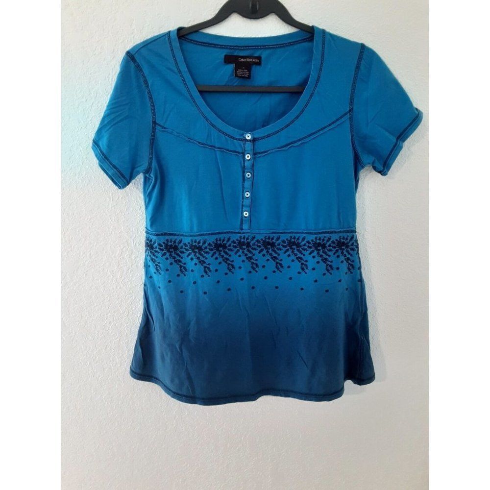 CALVIN KLEIN JEANS Womens Short Sleeve Blue Ombre button top Size L